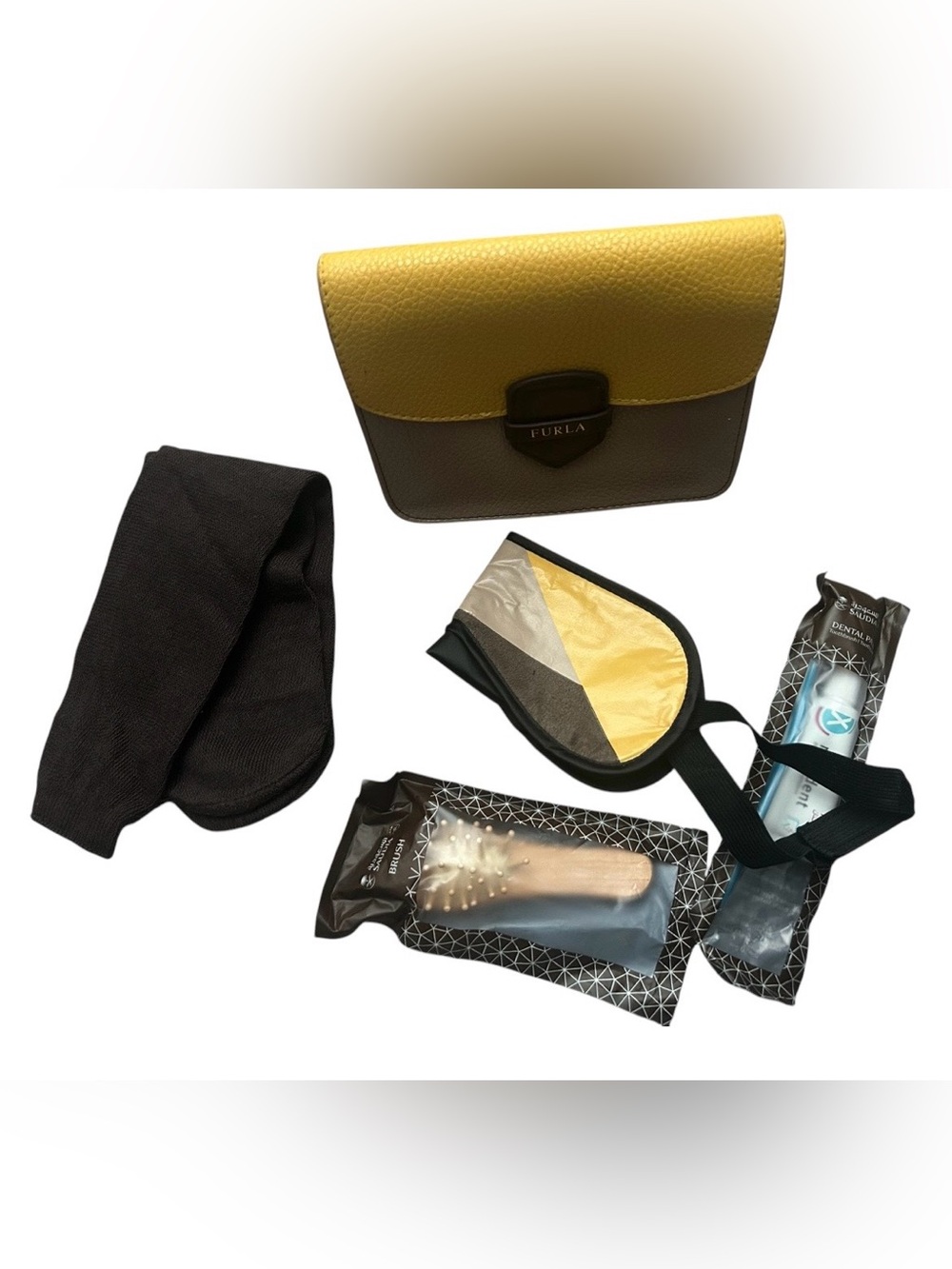 Furla Saudia Amenities Mini Bag, Hair Brush, toothpaste/brush, Sock & Eyemask